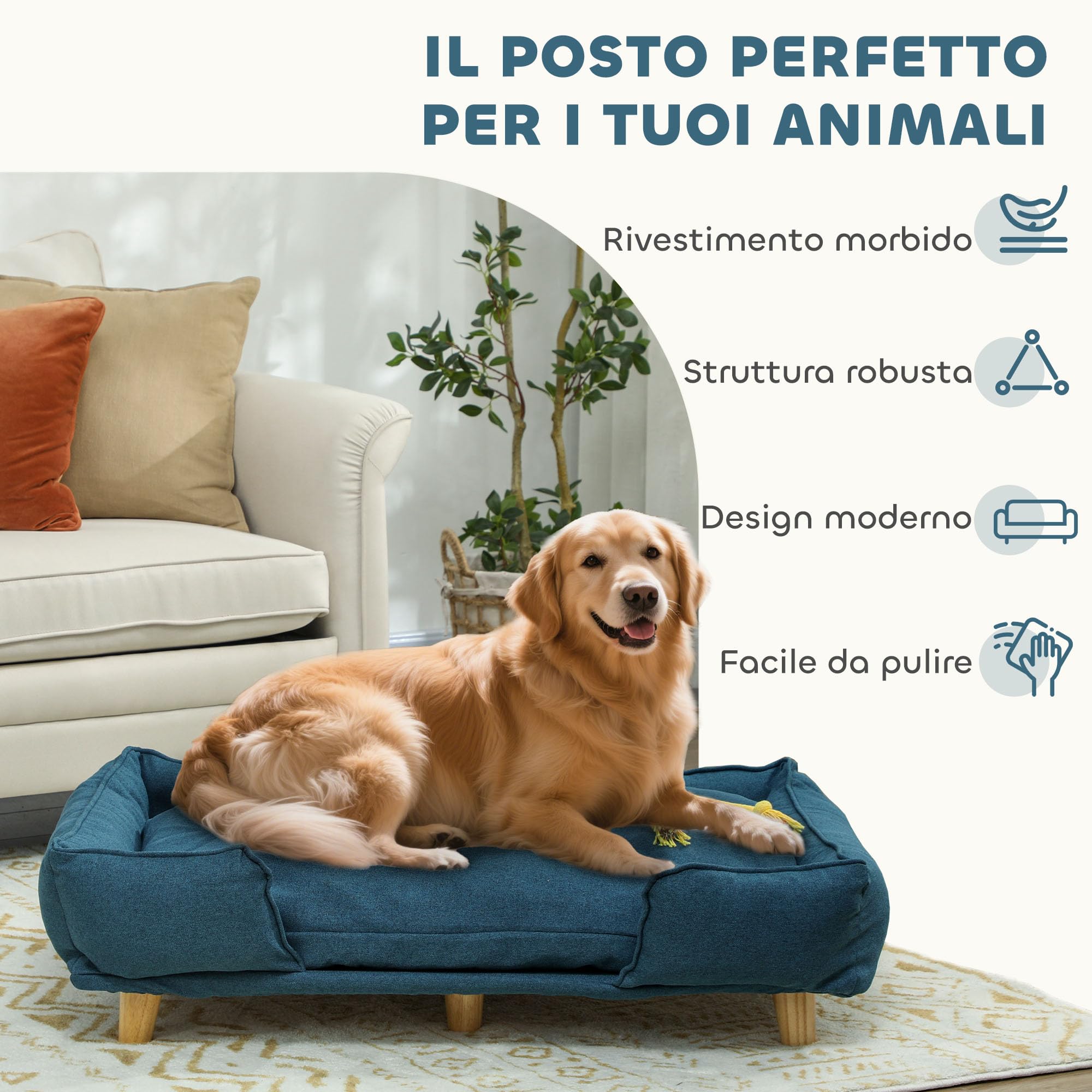 PawHut Divano per Cani Grandi Fino 30 kg, Cuccia Lettino Rialzato per Animali da Interno con Cuscino Rimovibile, 96x66x24 cm, Blu