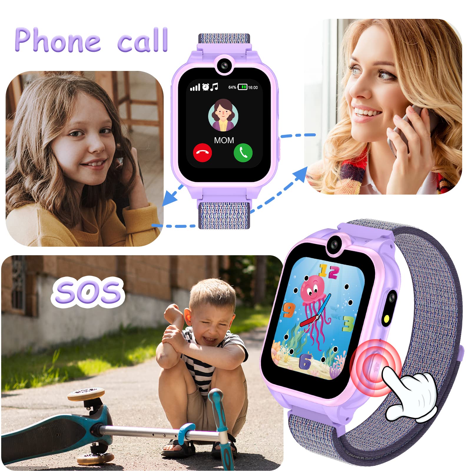 PTHTECHUS Jeux Montre Connectée Enfant - Téléphone Intelligente Appel bidirectionnel Musique mp3 Double caméra podomètre vidéo SOS Livre Audio MP4 Cadeau garçon Fille 4-12 Ans (XA16 GMP Purple-SAI)