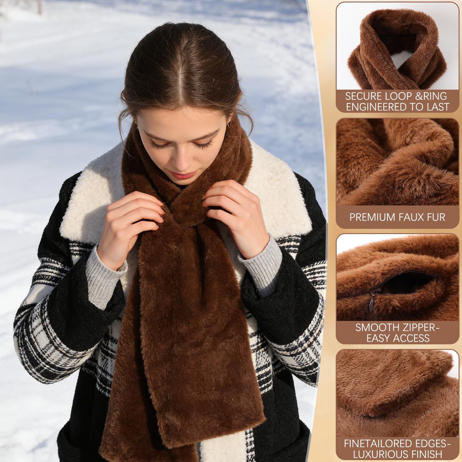 Faux-Fur Pull Through Scarf With Hidden Zipper Pocket, Fur Neck Collar Scarf Cozy Wrap, Women Travel Neck Wrap - Image 2