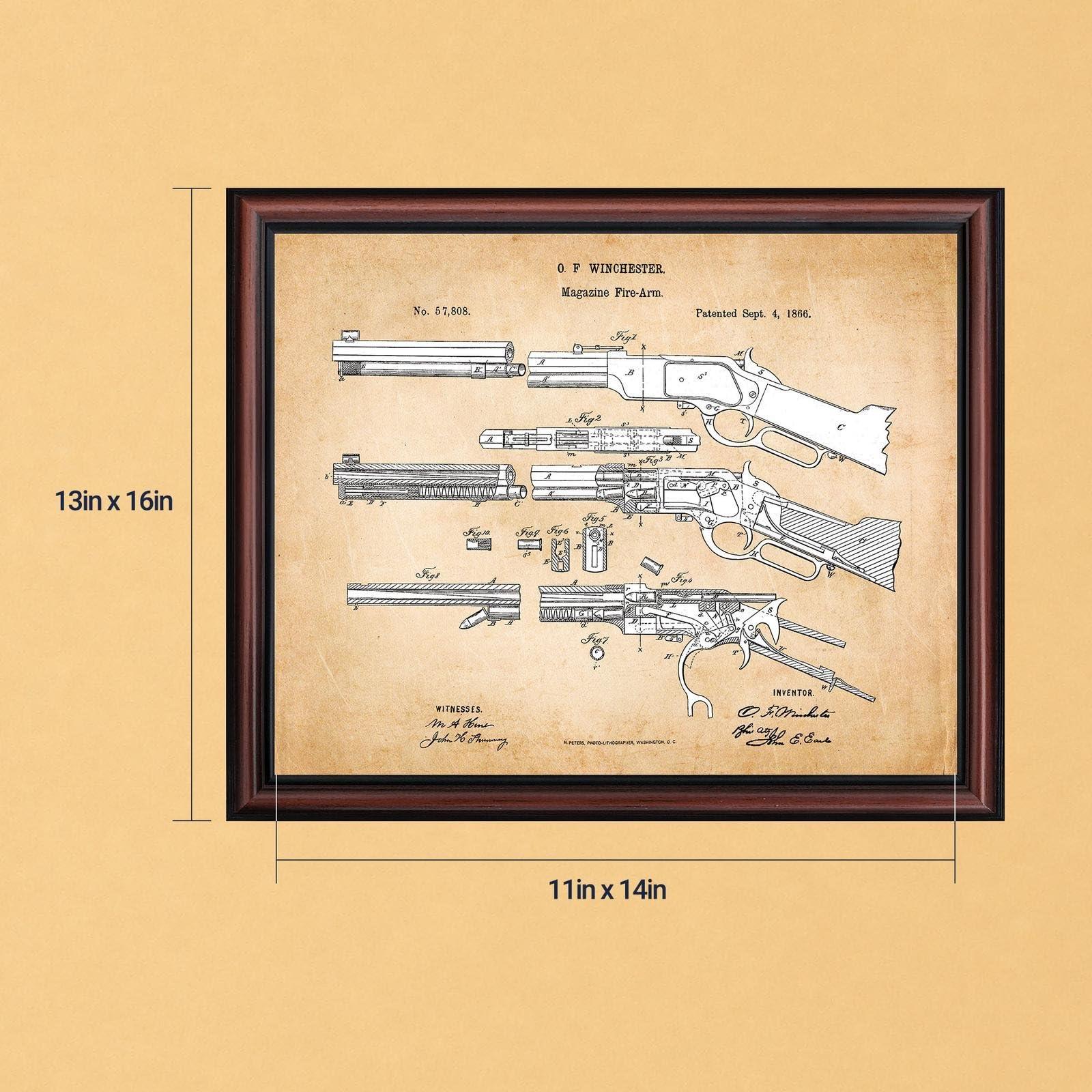 特大　ビンテージ銃器図面アートプリント木製額縁 Amazon.co.jp: ウィンチェスター壁アート 額入り特許プリント