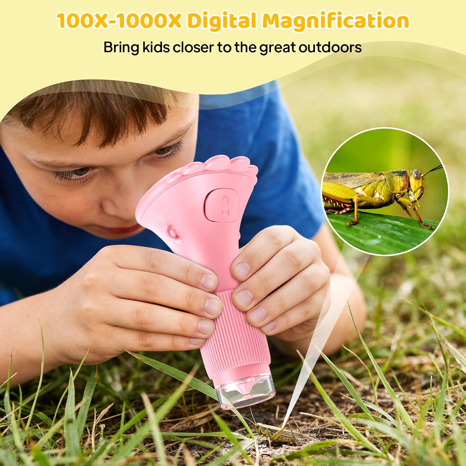Kids Magnifying Glass, 2.0 Inch Digital Screen Mini Pocket Microscope for Bug - 200x Zoom Handheld Microscope with Adjustable Lights, Edu Birthday Gifts for Age 3-12 Girls