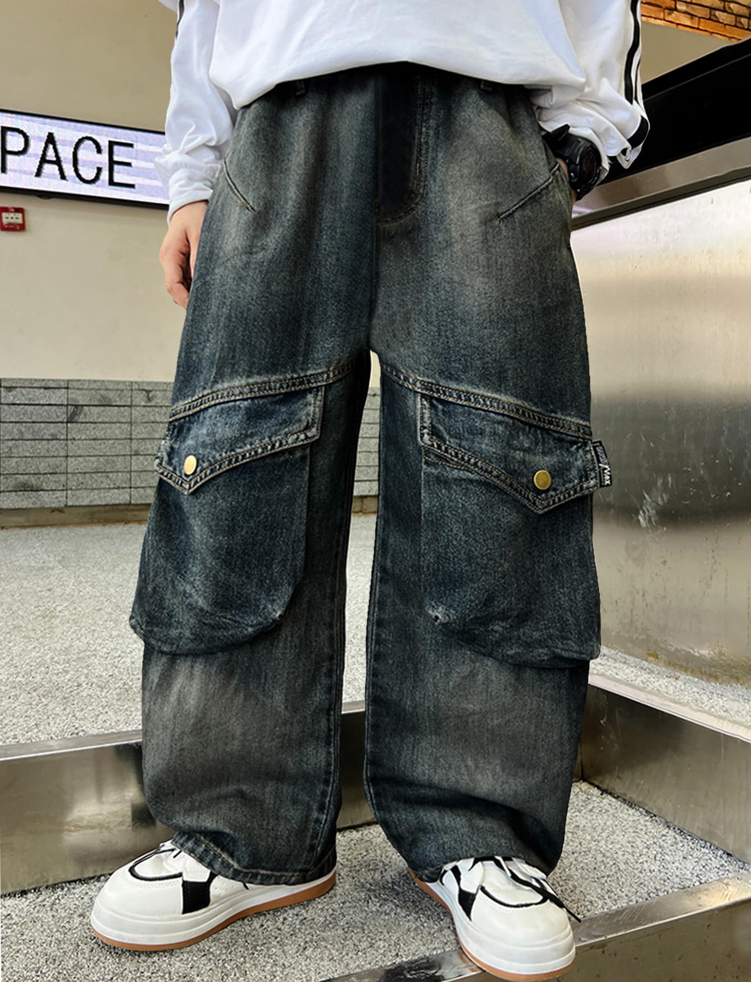 Happy Cherry - Vaqueros Cargo Niño Pantalones de Denim Holgados Pantalón de Mezclilla Ancho Algodón Estilo Callejero Jeans Vintage Infantil para Verano Primavera Otoño Invierno - 110-164