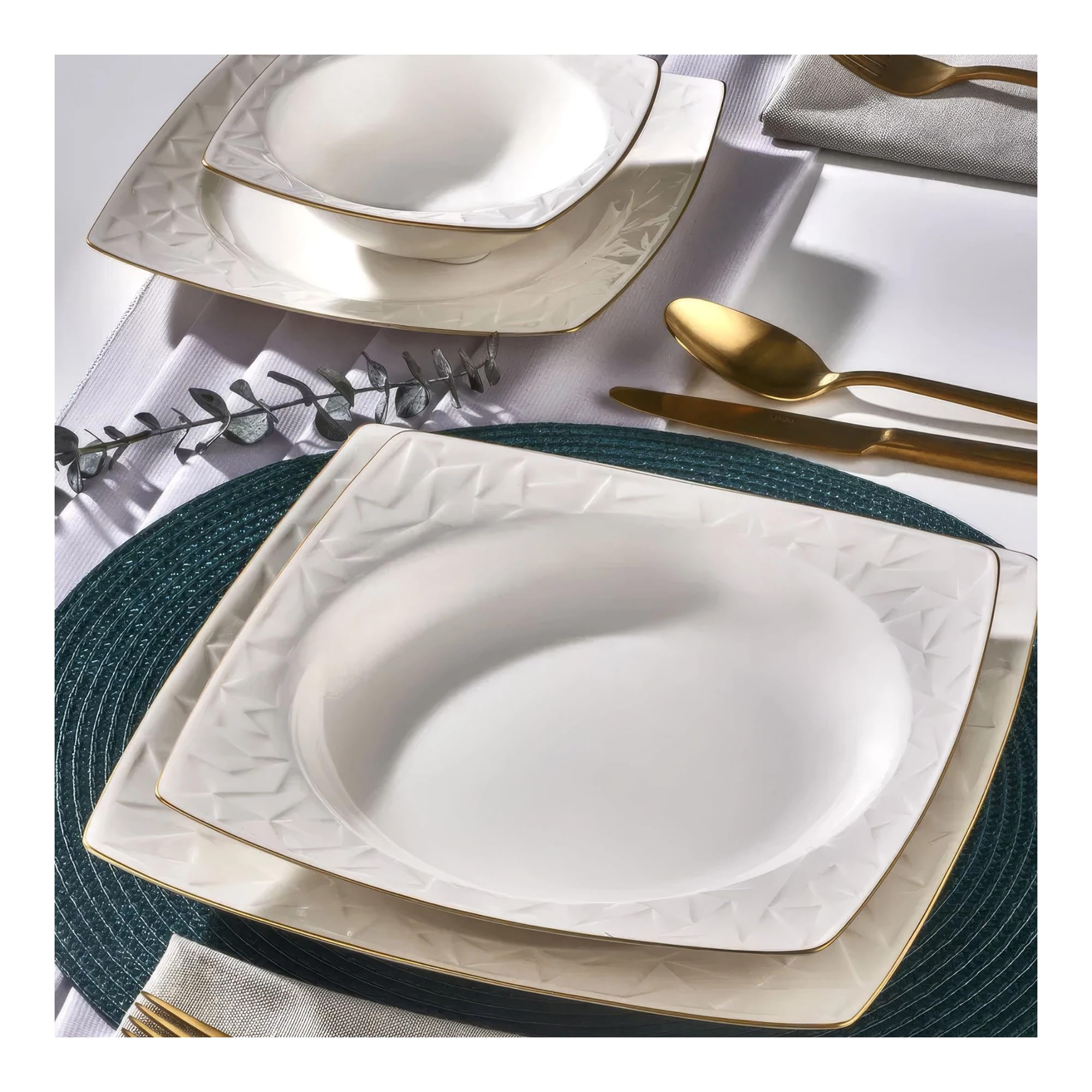 NORDIC SCHILLER Tafelservice, Bone Porzellan, Weiß, 30-tlg., 6 Personen | Vivente Series, Reliefdekor, Essteller, Dessertteller, Suppenschalen, Servierplatten, Salz- & Pfefferstreuer