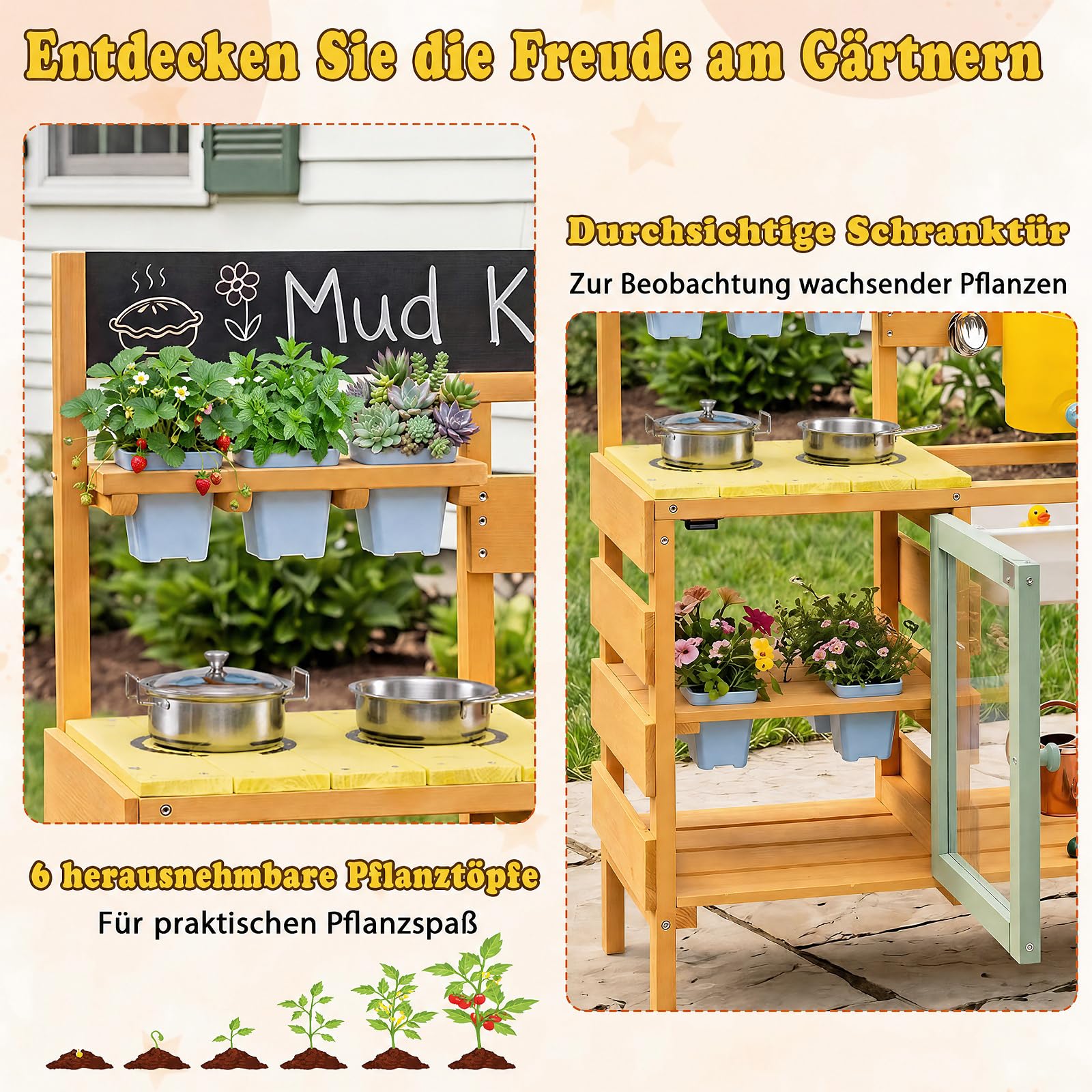 COSTWAY Matschküche Kinder Outdoor, Spielküche mit Wassertank & Wasserhahn | Kinderküche mit Spüle, Blumentöpfen, Kochzubehör & Ablagefächern, Gartenspielküche für Kinder ab 3 Jahren