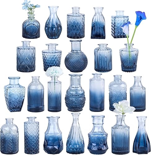24 piezas de jarrones de vidrio azul para brotes, jarrones pequeños para flores, perfectos para centros de mesa en fiestas, baby showers, bodas,