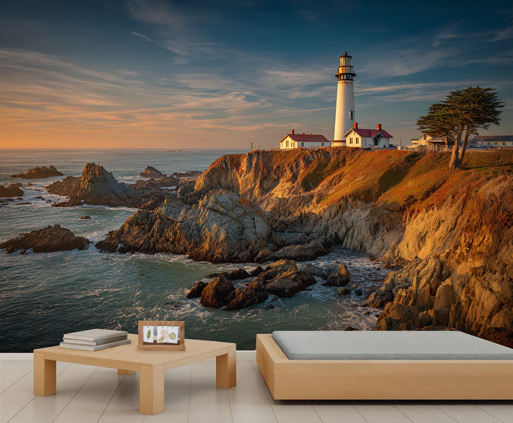 YEMYOR Lighthouse Mural Wallpaper Beach Coastal Wallpaper for TV and Sofa Background Seaside Town Wall Mural for Living Room Bedroom-350x250cm โ image 1
