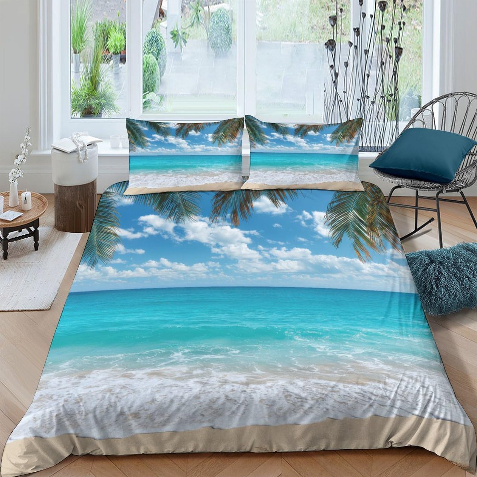 Ctjqhvkz Style-9 3D Printed Tropical Beach Fitted Sheet Microfiber Ocean Palm Tree Bed Cover For Bedroom Guest Room Decor Single（135X200cm）