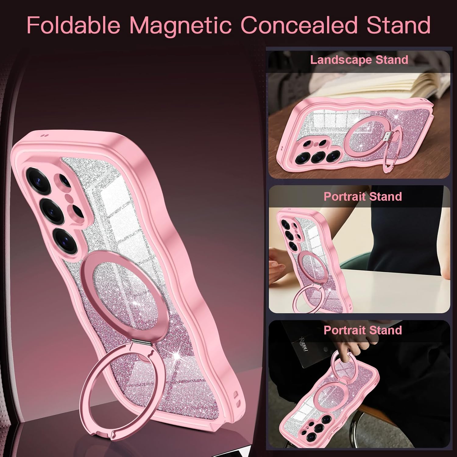 for Galaxy S26 Ultra Case, [Cute Wavy] [Magnetic Stand][Fit for MagSafe][Glitter Card][Built-in 9H+ Screen Protector] Military-Grade Drop Proof Shiny Cover for Samsung Galaxy S26 Ultra,Pink