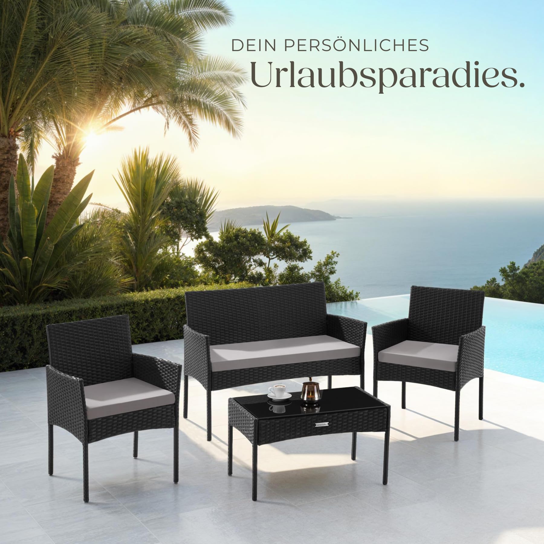 tectake® Rattan Gartenmöbel Set, Outdoor Lounge Möbel,1x Gartenbank, 2X Stuhl, 1x Balkontisch, mit Outdoor Kissen wetterfest, Balkonmöbel Kleiner Balkon, Lounge Gartenmöbel, Terrassenmöbel - schwarz