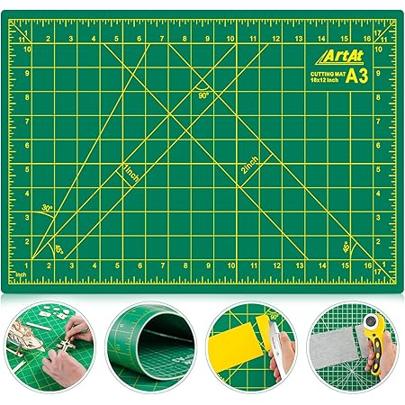 ArtAt Self Healing Cutting Mat: 12″x 18″ Green Double Sided Non-Slip 5 Layers PVC Durable Craft Sewing A3 Mat for Rotary Cutter, Use for Quilting and Scrapbooking and Craft & Art Projects