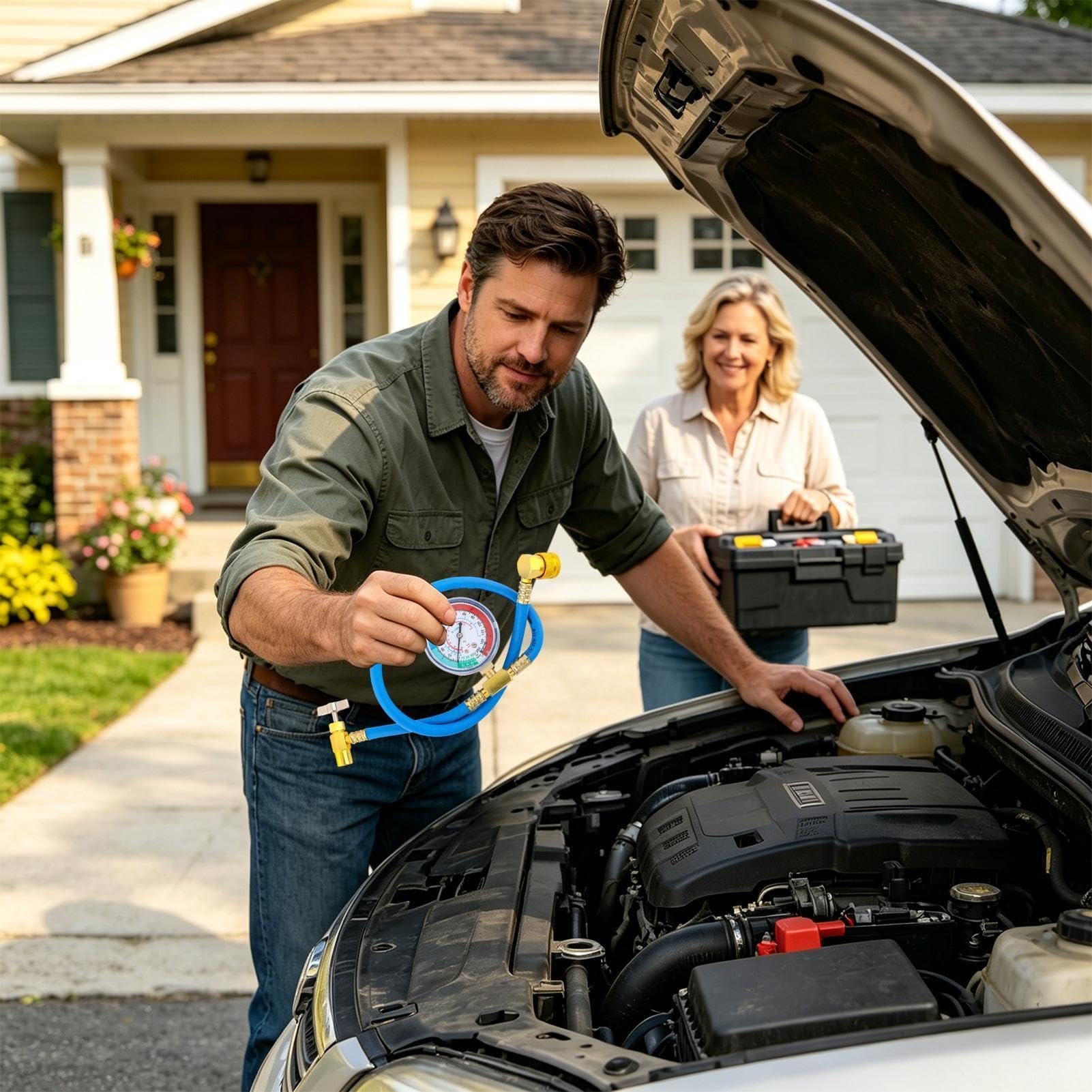 Kit di ricarica CA per auto con manometro, a prova di perdite, ricarica rapida per riparazione e sostituzione del sistema di raffreddamento del veicolo