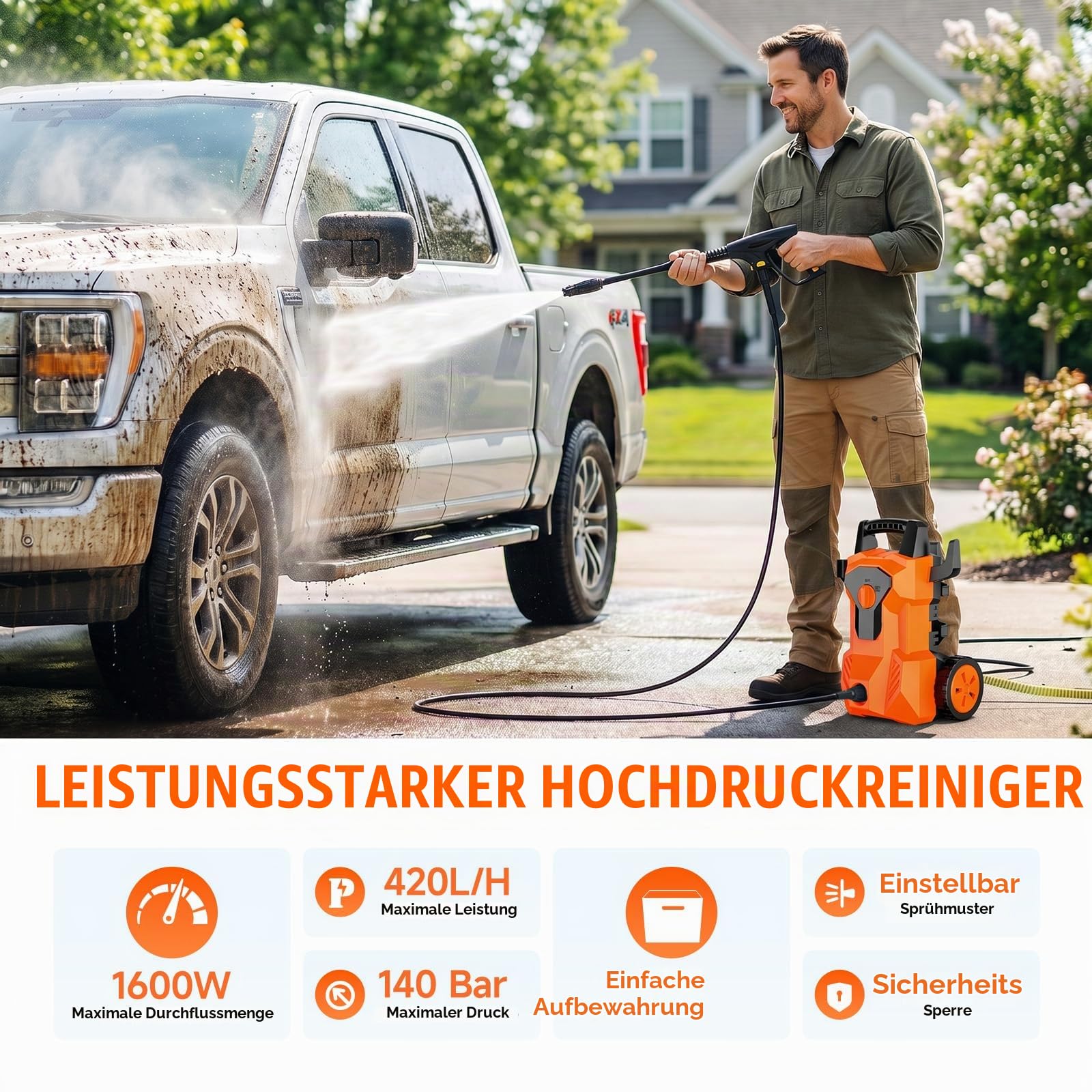 Hochdruckreiniger 140 Bar, 1600W Mobiler Hochdruck Wasserpistole, 420 l/h Fördermenge, mit Schaumkanone und Schlauchtrommel, Hochdruckpistole für Autos/Zäune/Garten/Patios