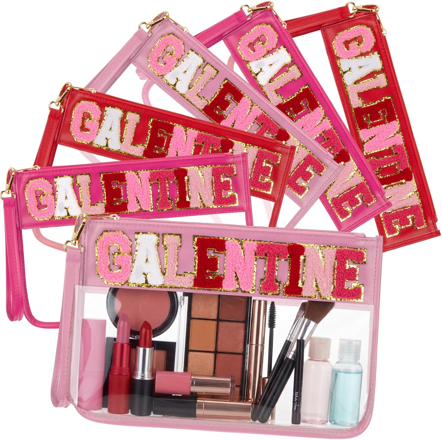 6 Pcs Galentine's Day Makeup Bags Gifts Bulk Chenille Letter Clear Zipper Pouch Waterproof Nylon Organizer for Women Girls Friends Ladies Valentine's Day Party Favors Decorations