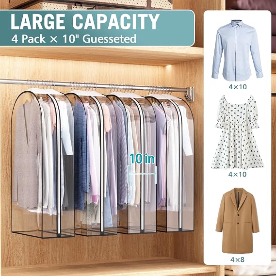 Liuoud 4 Pack 10 Gusseted Clear Garment Bags - Hanging Suit Coat Dress Storage, Plastic Closet Cover with Side Zipper