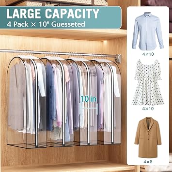 Liuoud 4 Pack 10 Gusseted Clear Garment Bags - Hanging Suit Coat Dress Storage, Plastic Closet Cover with Side Zipper