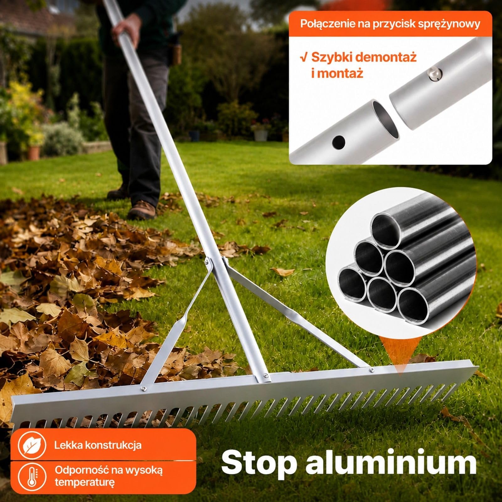 Aluminiowe grabie krajobrazowe z szeroką głowicą i długim trzonkiem do gleby, żwiru, ogrodu, podwórka, stawu, plaży oraz trawnika