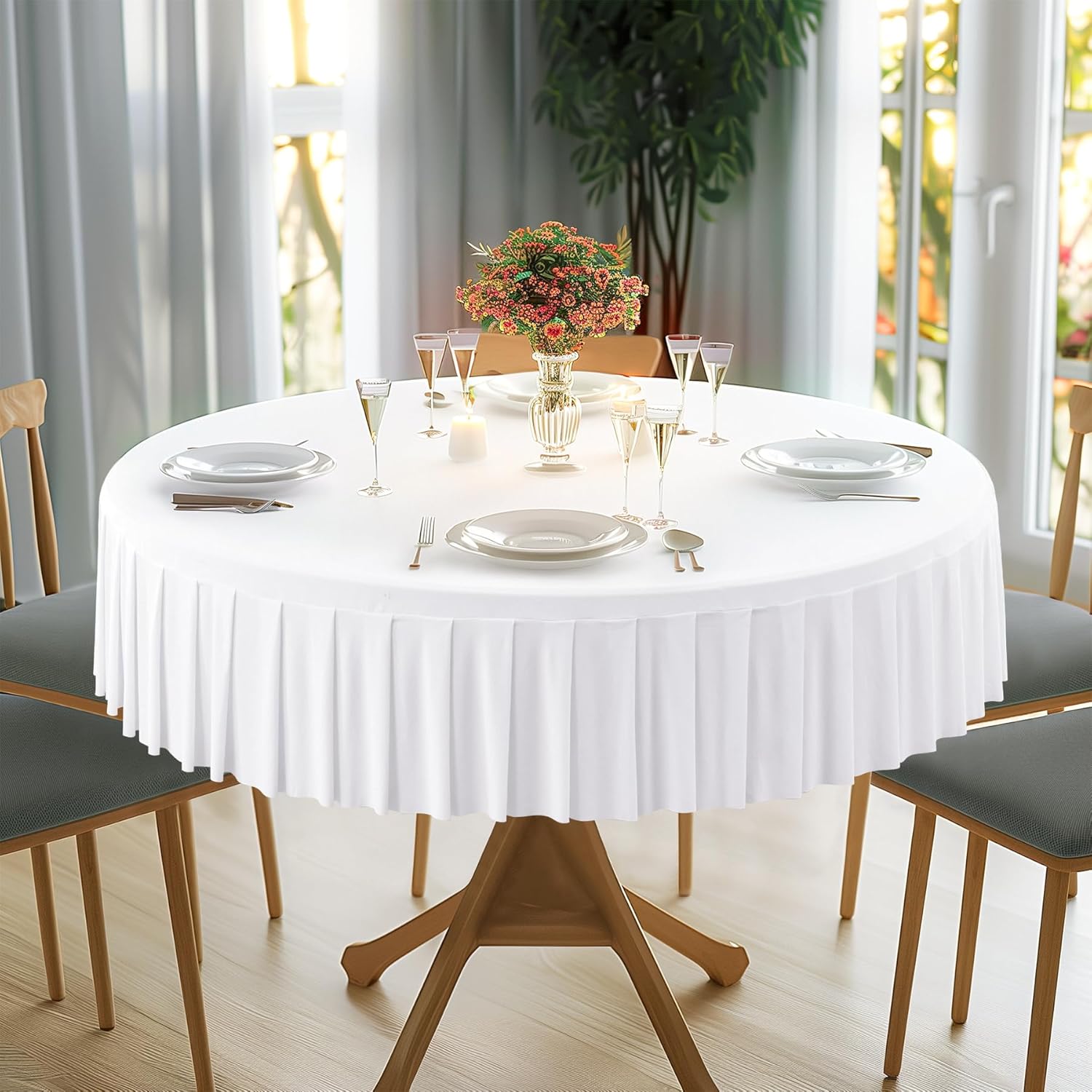 PARTISKY 1 Pack White Round Spandex Tablecloths for 60 inch Table, Wrinkle Free 5FT Round Table Cloths Stretchy Fitted Table Cover with Skirt for Wedding Birthday Graduation Party Banquet
