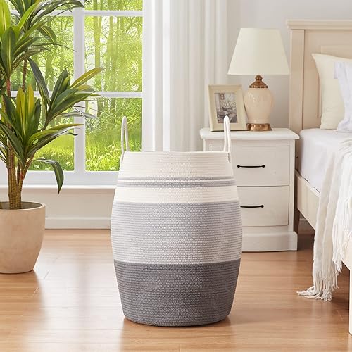 Miniatura 2 de Cesta de lavandería tejida de cuerda grande de 25.6 pulgadas de altura con asas extendidas para almacenamiento de ropa, juguetes en dormitorio,