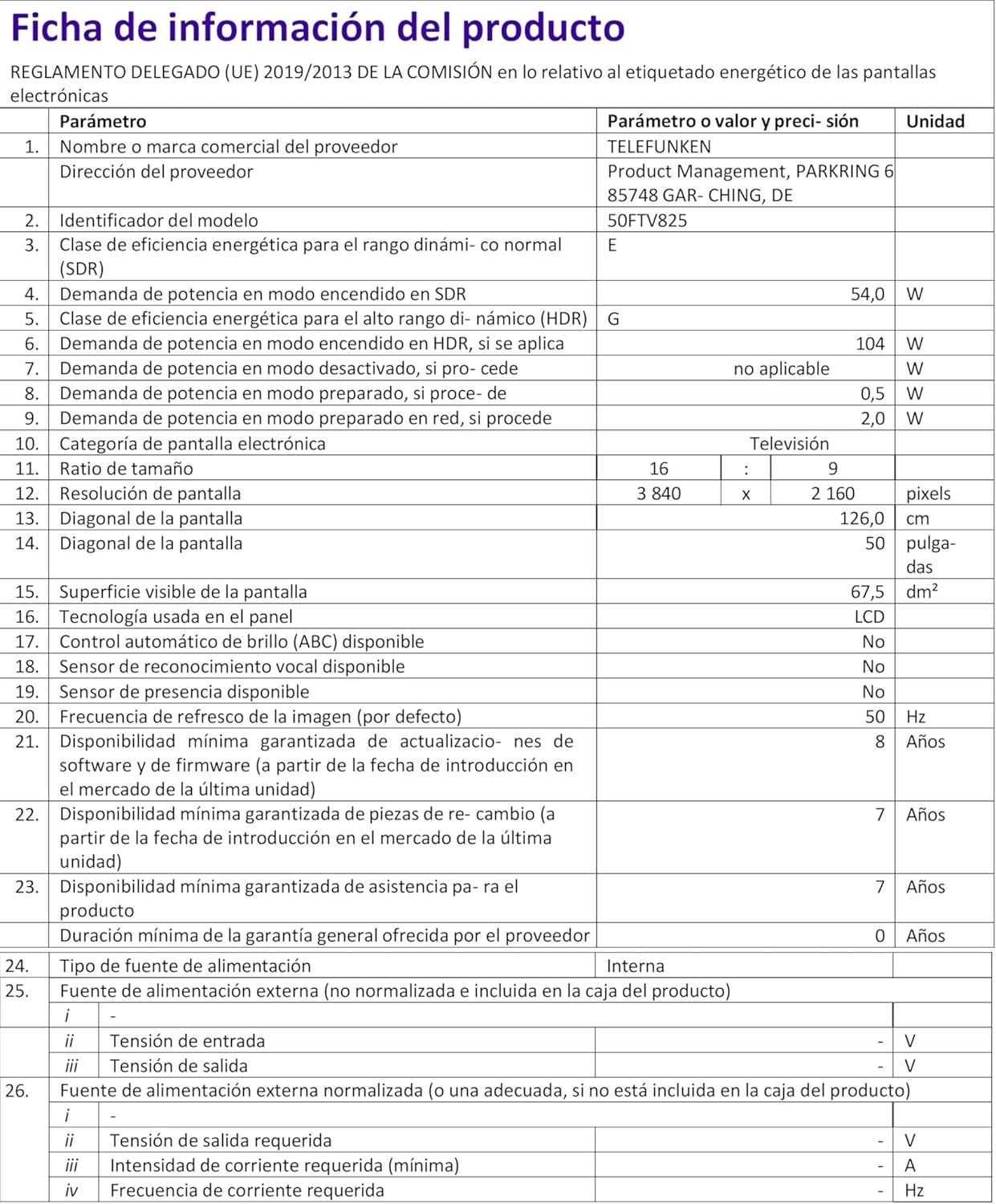 Energy Efficiency Label for Telefunken 50FTV825