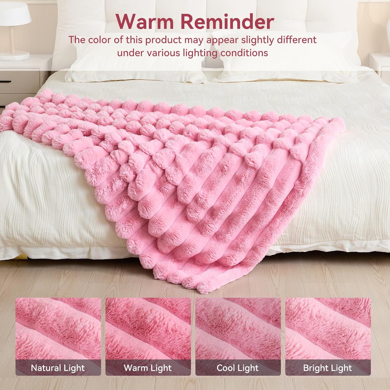 KayWing Faux Fur Throw Blanket: Pink Reversible Fuzzy Plush Rabbit Wide Strip Fleece - Luxury Fluffy Blanket for Home Aesthetics Enthusiast Age 25-40 - Throw Size 50"x 60" - Image 7