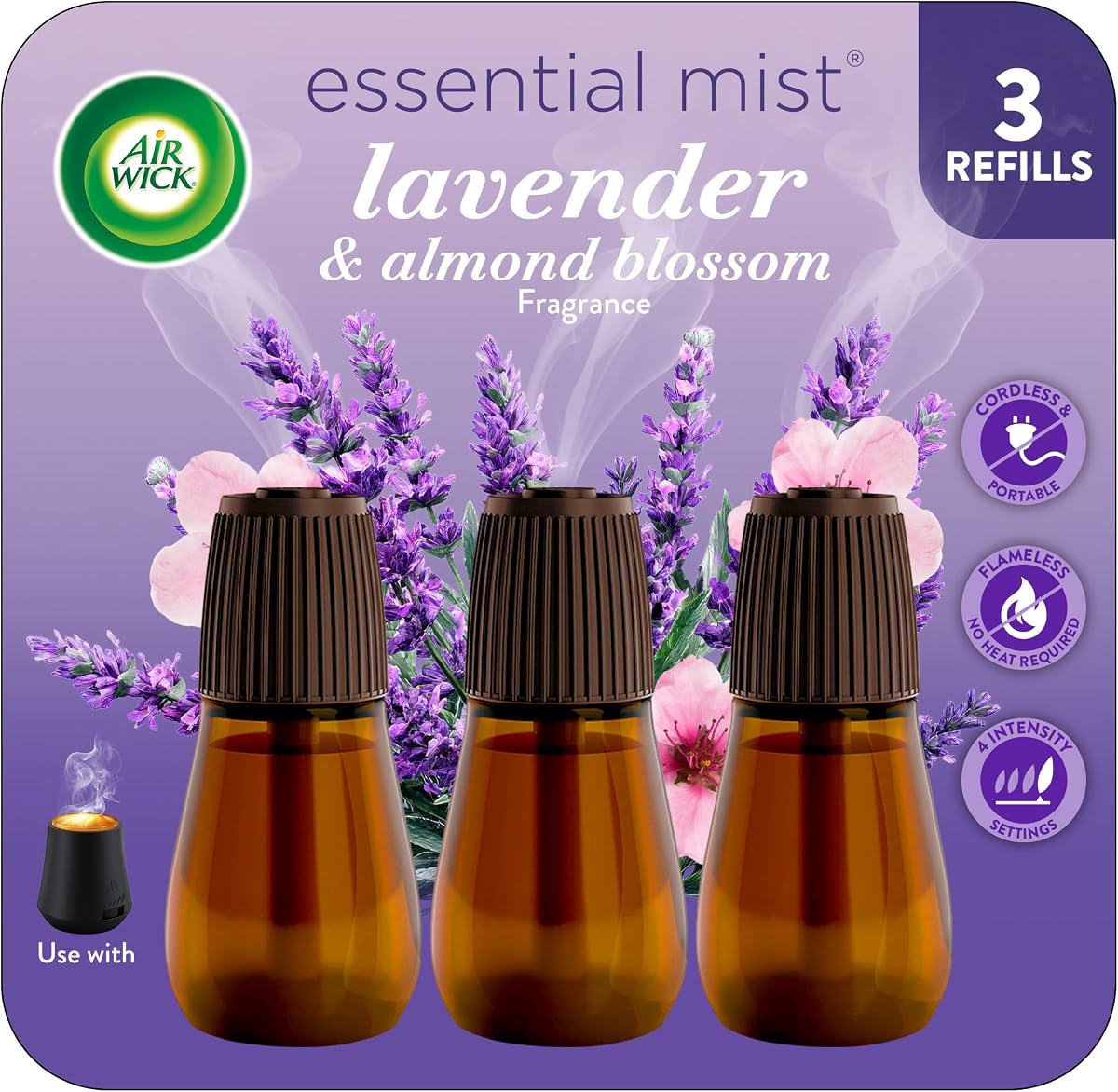 Recambio Air Wick Essential Mist, Difusor de aceites esenciales, Lavanda y flor de almendro, 3 ct, Ambientador, Difusor de aroma