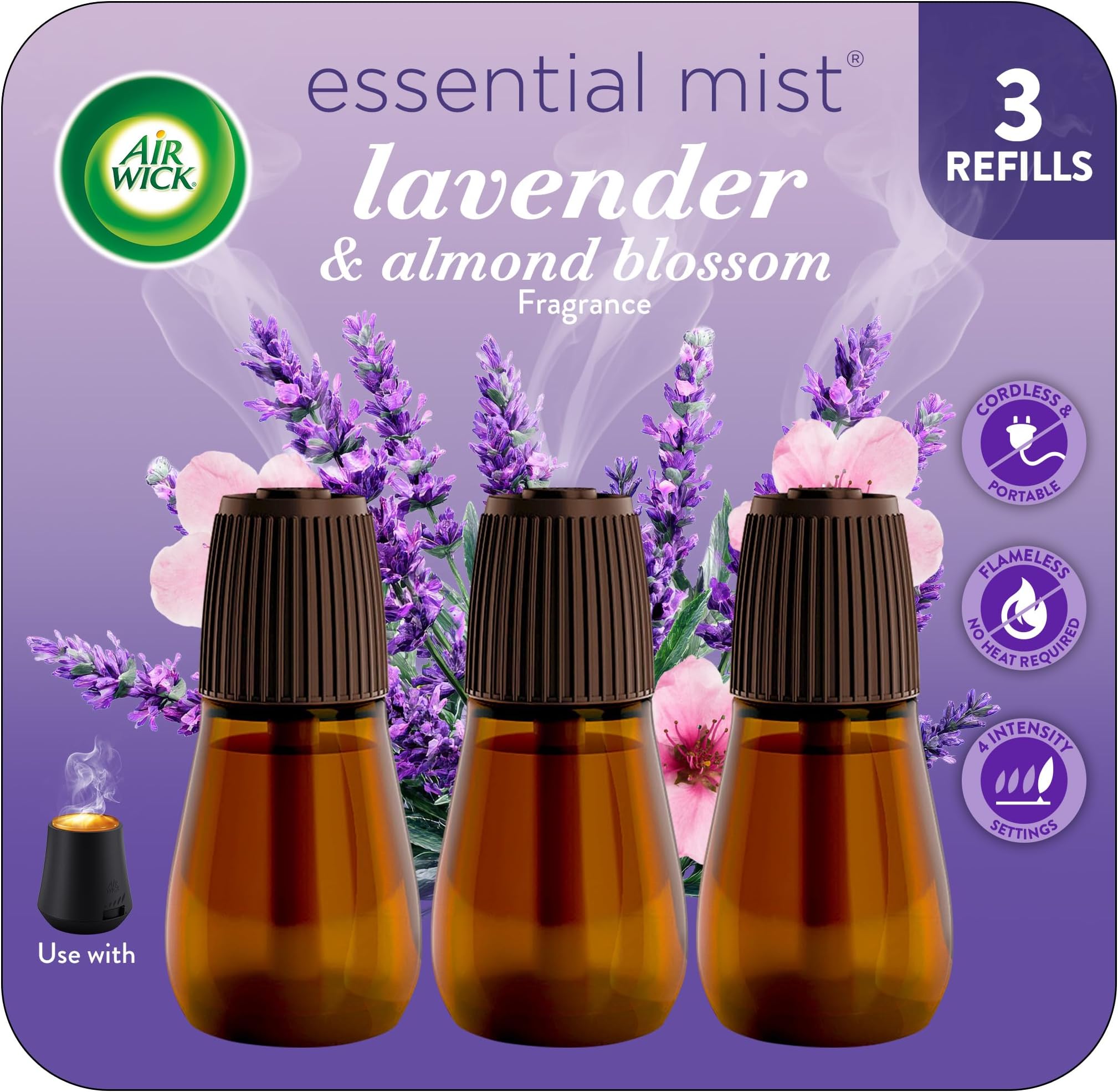 Essential Mist Refill, 3 ct, Lavender and Almond Blossom, Essential Oils Diffuser, Air Freshener