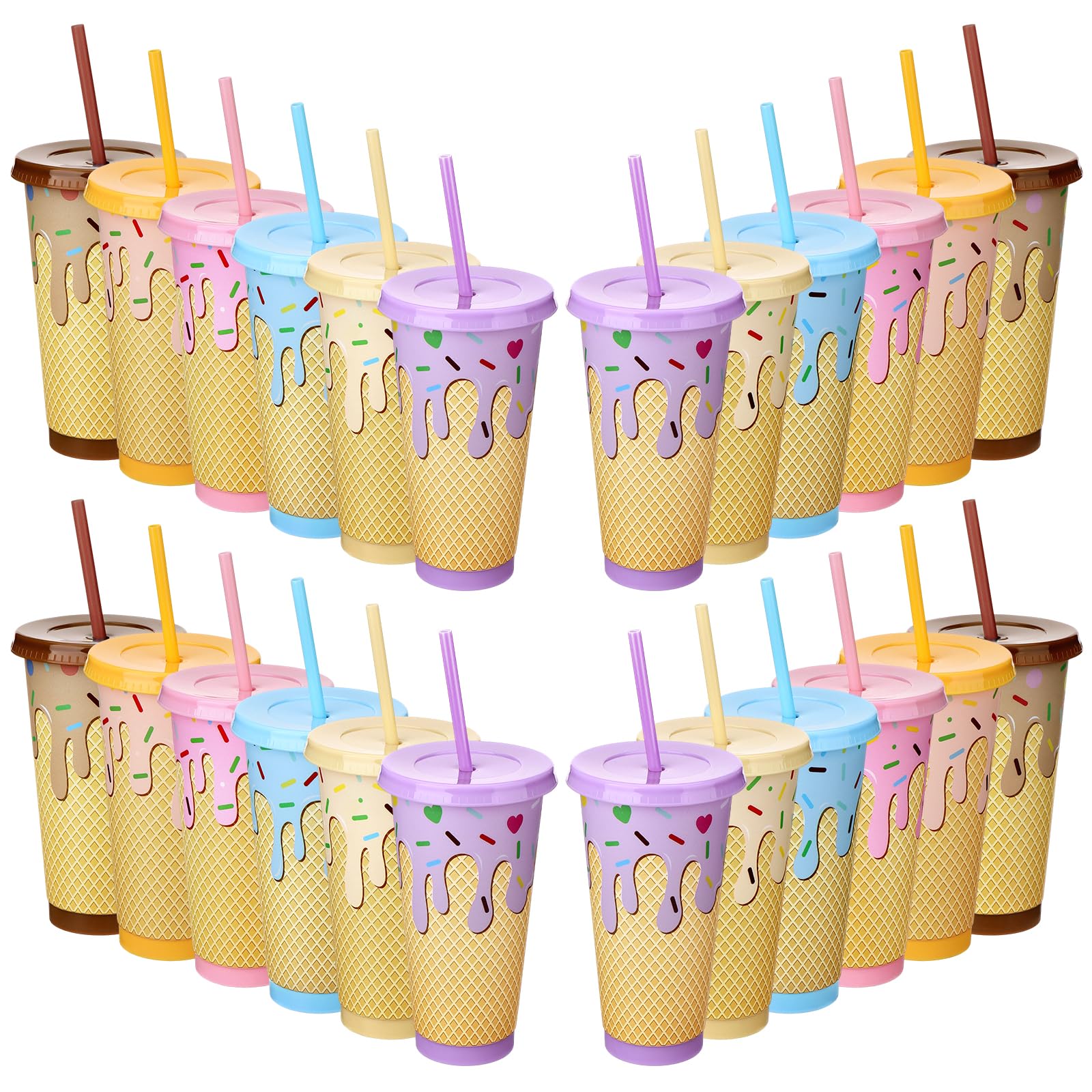 FUXIHUAYA 12 Pcs Ice Cream Drip Plastic Reusable Cups with Lids and Straws 24 oz Ice Cream Party Cup Favors Summer Themed Drinking Tumbler Party Supplies Decorations