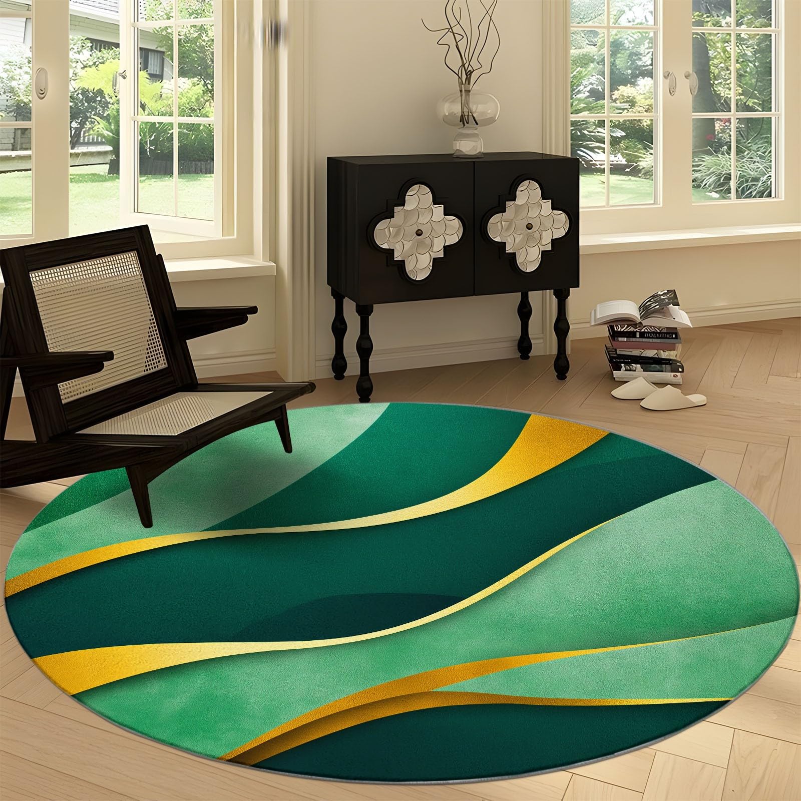 Générique Tapis Rond à Vagues Or Vert, Tapis de Ultra Fin Diamètre 180 cm, Doux, Antidérapant et Lavable, Couleur Design Abstrait pour Chambre Entrée Salle à Manger ou Dortoir Familial