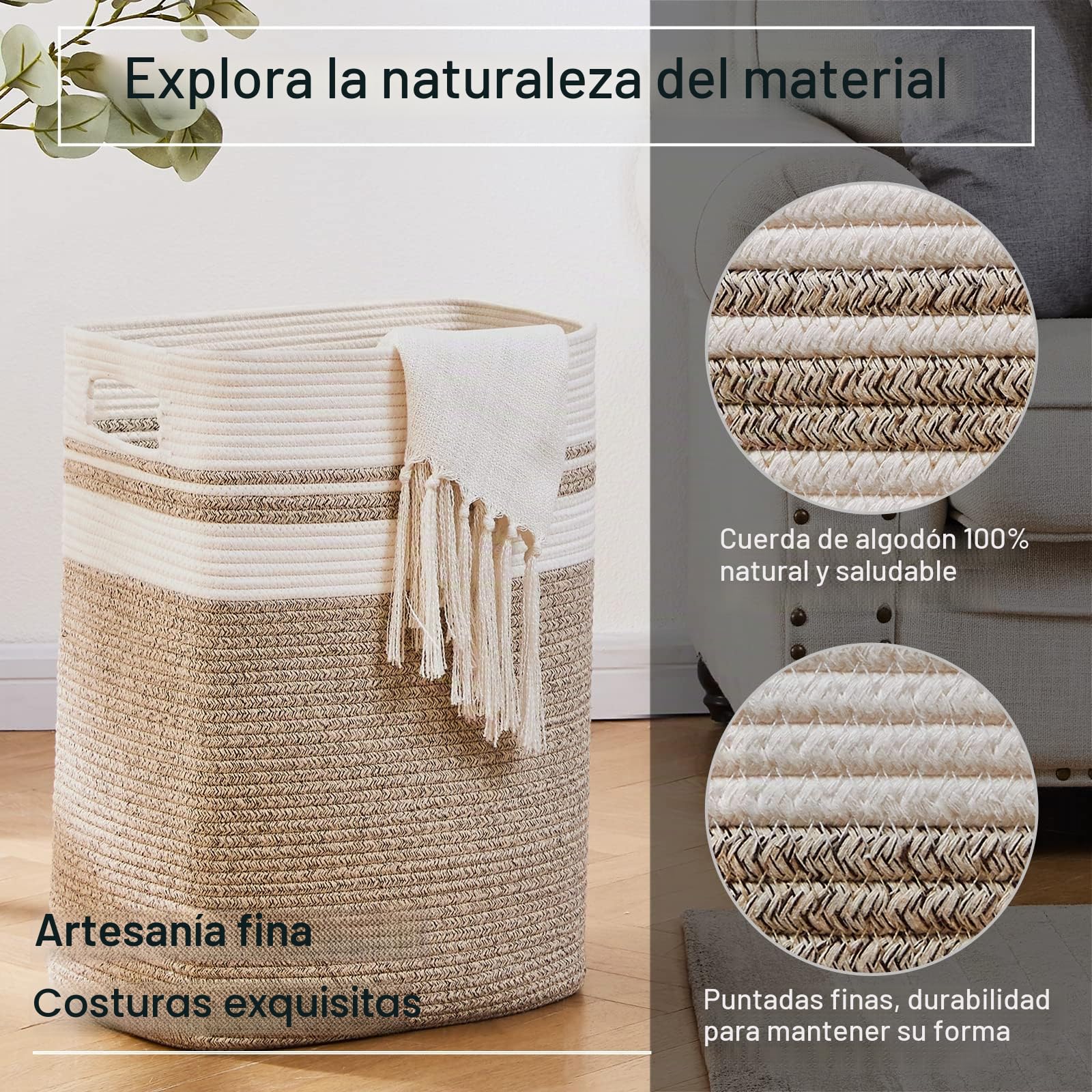 OIAHOMY Cesta para la colada, cesta de almacenamiento alta de algodón con asas, cesta decorativa para sala de estar, cesta grande plegable para juguetes, almohadas, ropa, 16 x 13 x 22 pulgadas, color