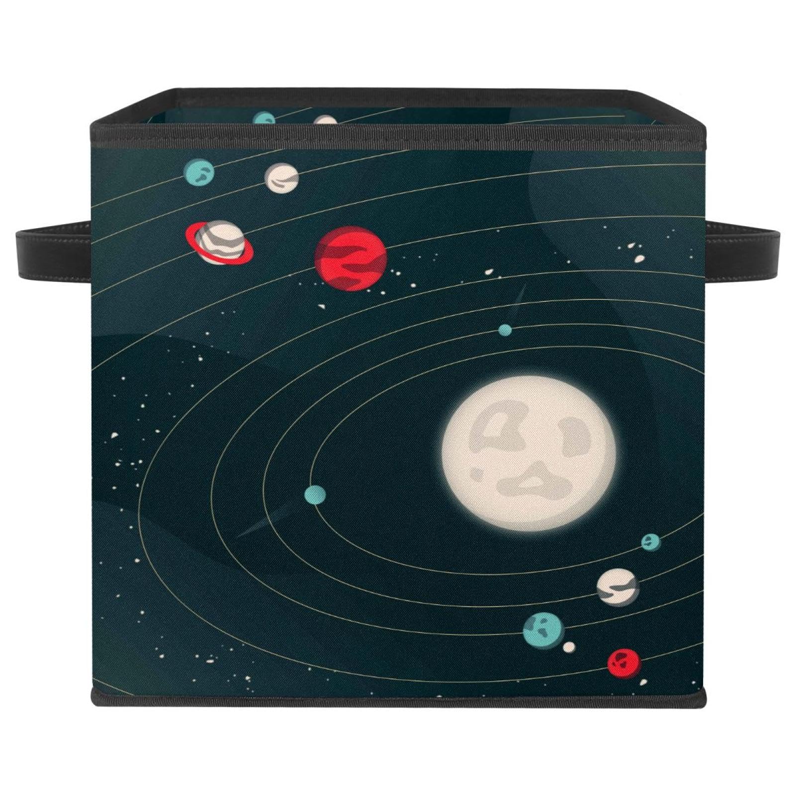 Boîte de rangement cube pliable en tissu avec poignées motif système solaire