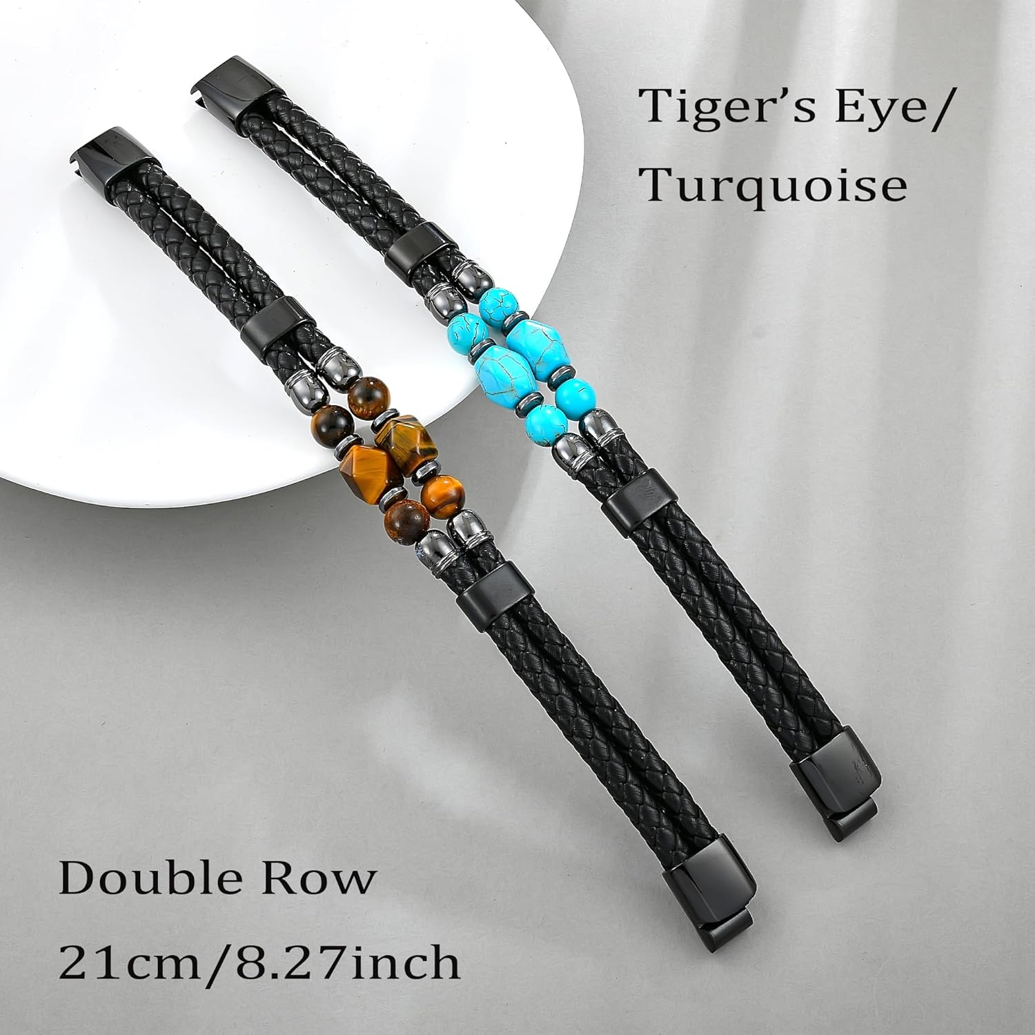 Mens Turquoise Bracelet Western Turquoise Bracelets for Men Black Leather Bracelet Lucky and Healing Protection Jewelry Gifts for Birthday Christmas, 8.27in/21cm - Image 3