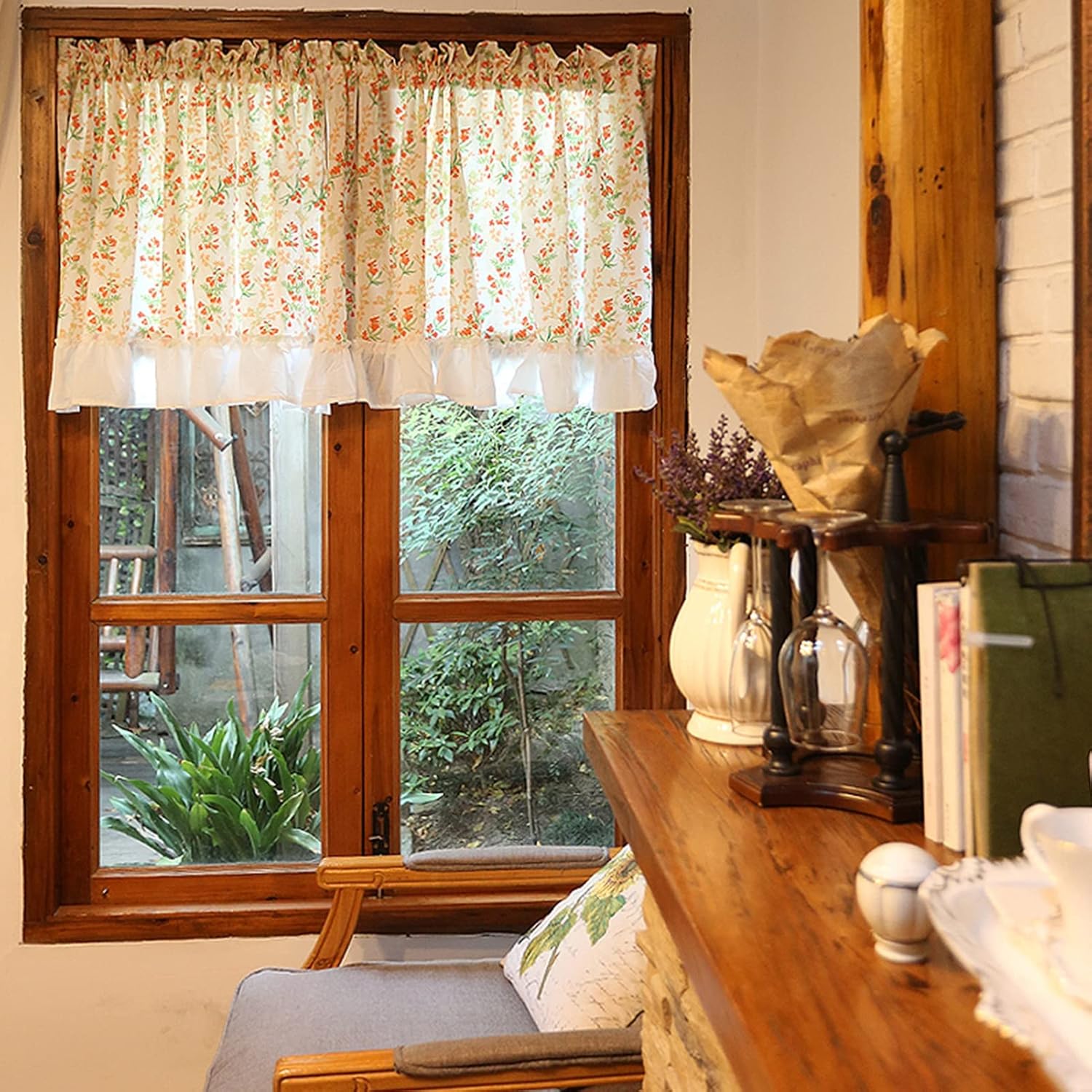 Cotton Short Kitchen Curtains, Orange small floral half curtain, Cafe Tier Curtains Rural style 1Panel, for Decor Window, Cupboard Blackout Dust Valance Rod Pocket ( Size : W120xH160cm/47.2x63in )