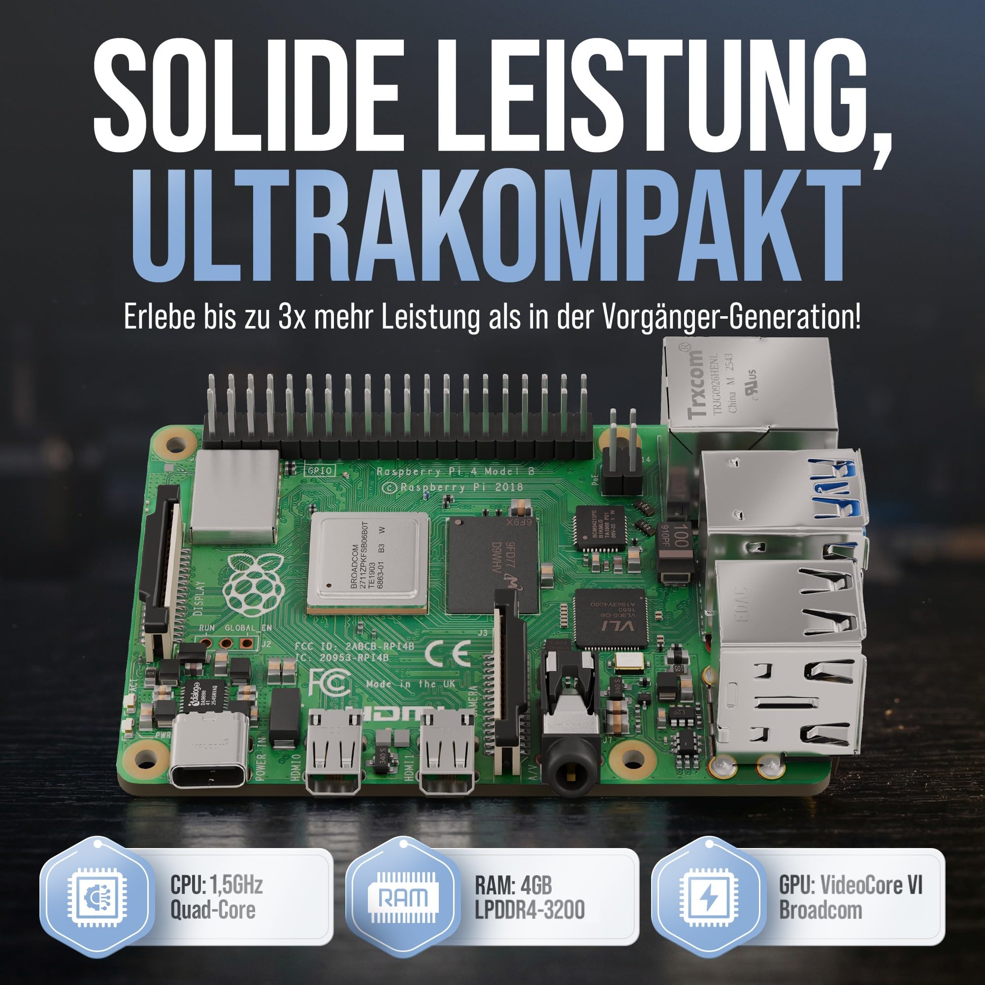 Raspberry Pi 4 4GB Starter Set 64GB Black Edition Netzteil 15W Gehäuse schwarz Kühlkörper Set 4K Micro HDMI Kabel