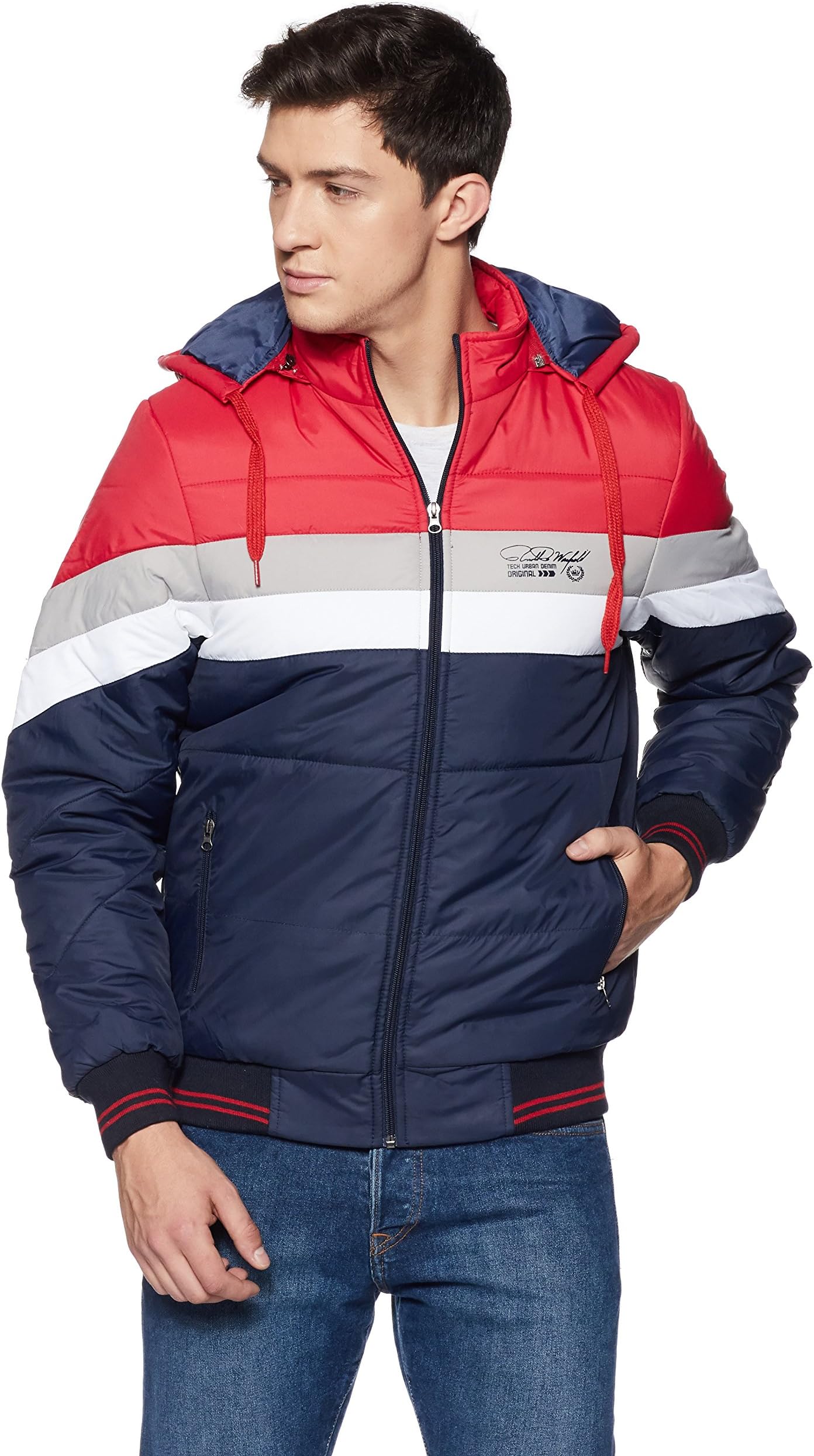 Qube By Fort Collins Men's nylon Standard Length Regular Fit Quilted Bomber Jacket with Detachable Hood - Winter Warm, Insulated Lining, Ribbed Cuffs, and Stylish Design