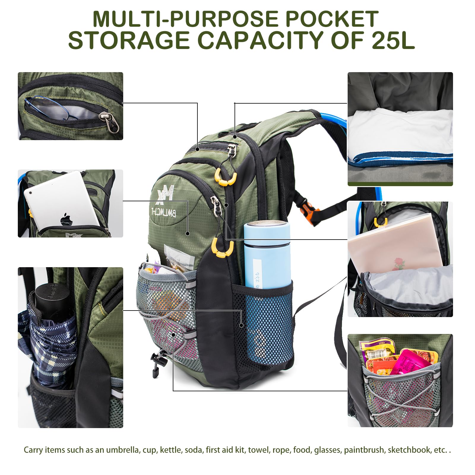 Mochila de hidratación de 25 litros con bolsa de agua de 70 onzas. Mochila de senderismo con almacenamiento. Mochila de agua ligera aislada para correr, escalar, ciclismo, senderismo, ciclismo (verde)