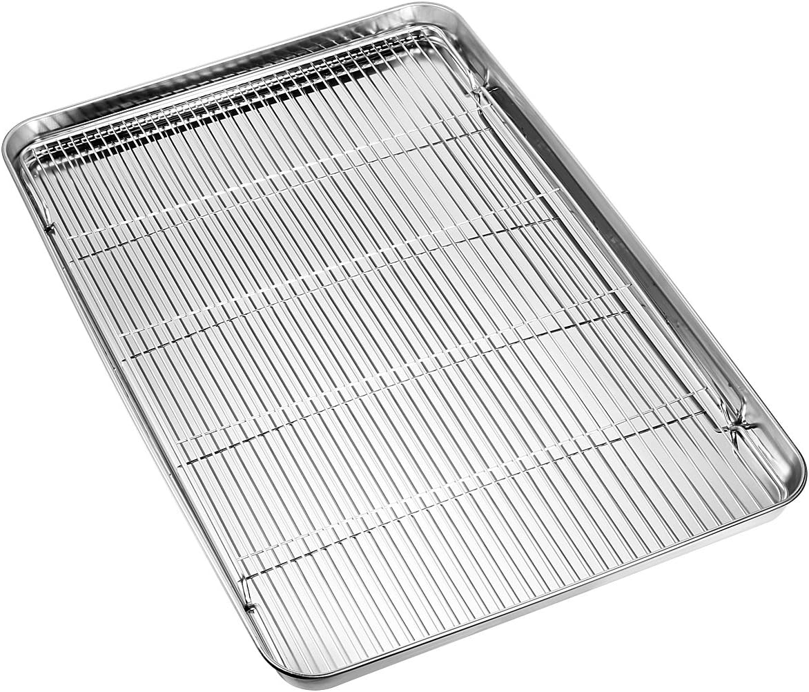 Baking Sheet with Rack, HKJ Chef Large Stainless Steel Cookie Sheet with Cooling Rack for Cooking, Baking Oven Tray Pan, Size 24L x 16W x 1H inch