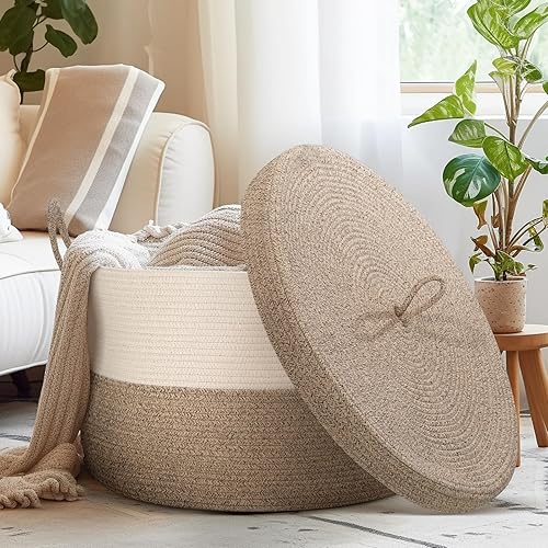 Miniatura 3 de Cesta para manta, 21.7 x 21.7 x 13.8 pulgadas, cesta grande XXL con asa, cesta para manta para sala de estar, cesta de juguetes de peluche, canasta