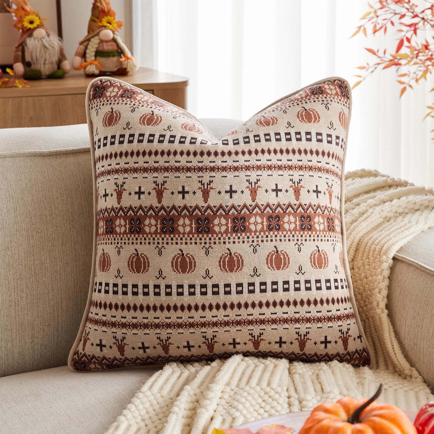 Kevin Textile Cozy Cushion Covers 45x45cm Set of 1, Jacquard Knit Soft Cushion Case with Wool Blend, Pumpkin & Moose Pattern for Halloween Christmas Fall Rustic Home Decor, Rust