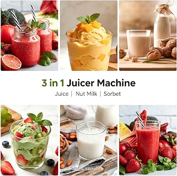 AMZCHEF Cold Press Juicer, 160mm Wide Feed Chute Juicer Machines with 2.5L Hopper, 3-in-1 Juicer for Whole Fruits & Vegetables, Nut Milk & Sorbet, Easy to Clean, Fresh Juice for Family Mornings
