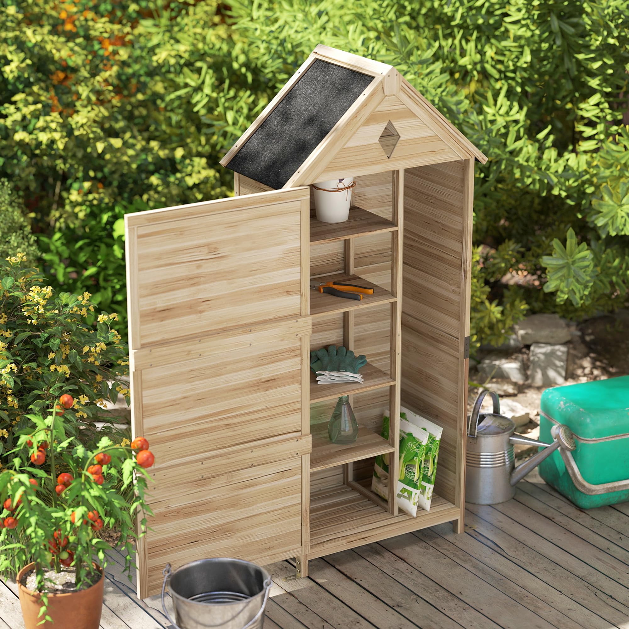 Outsunny Gartenschrank Holz, wasserdicht Geräteschuppen 80 x 49 x 170 cm, wetterfest Gerätehaus mit Tür, Satteldach, Ablagen, Geräteschrank, Werkzeugschrank Gartenschuppen für Garten, Rasen, Naturholz