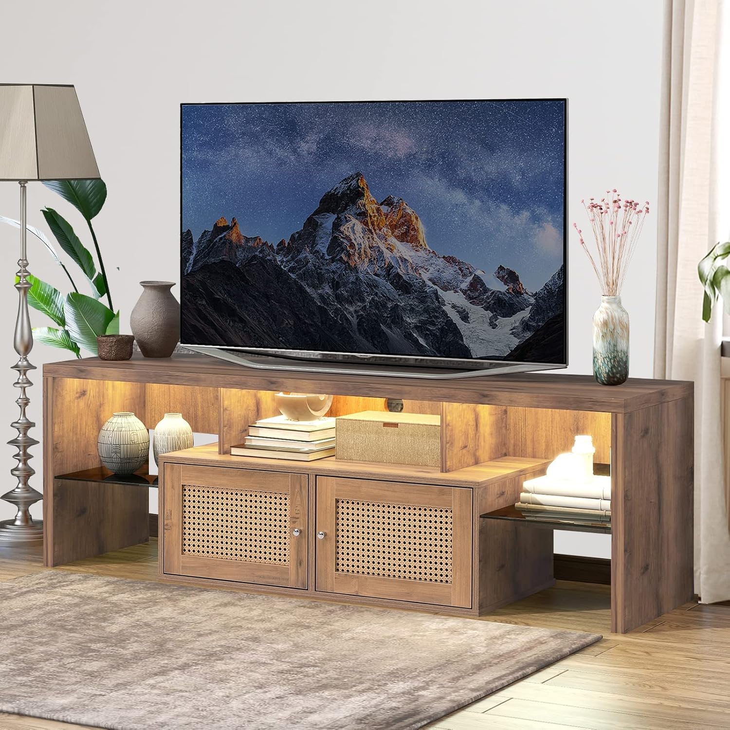 Unovivy Rattan TV Stand for Televisions up to 70 Inches, Entertainment Center Table with LED