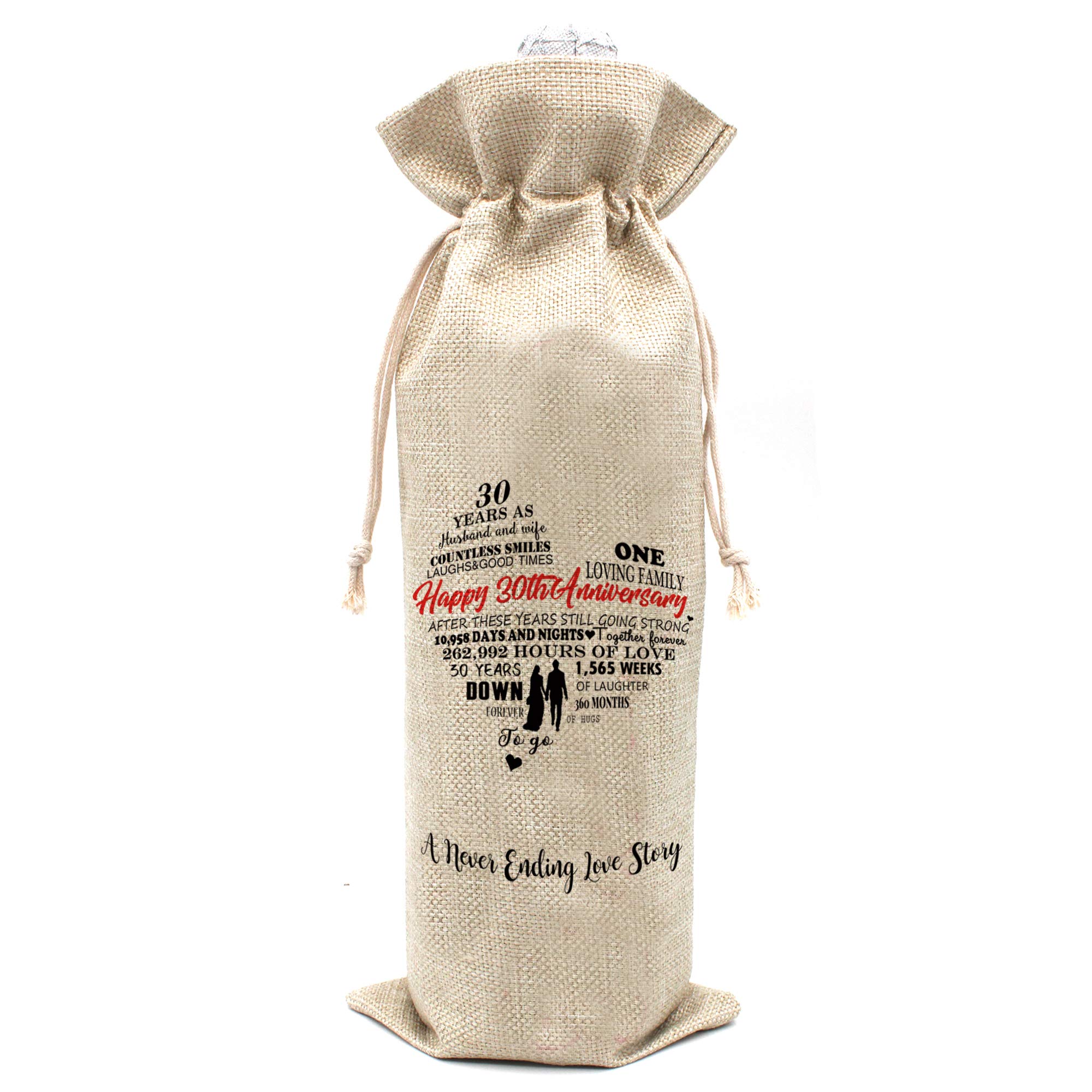30th Year Wedding Anniversary wine bag - Gift for 30th Anniversary Husband and Wife Present for 30th Year Married Couple - Cotton burlap drawstring Wine bag