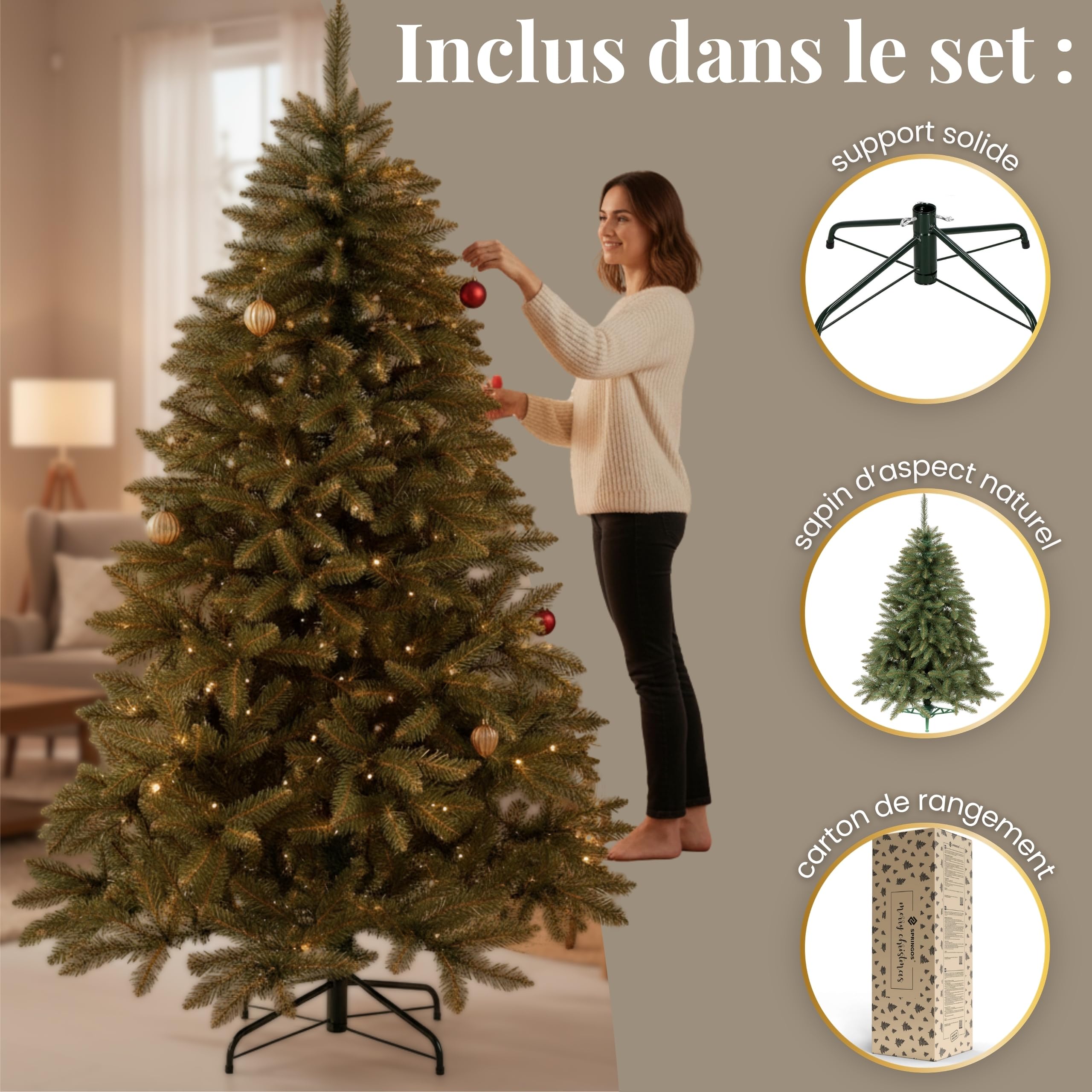 SPRINGOS Sapin de Noël en épicéa du Caucase 180 cm artificiel fabriqué en UE Support en plastique, Vertes