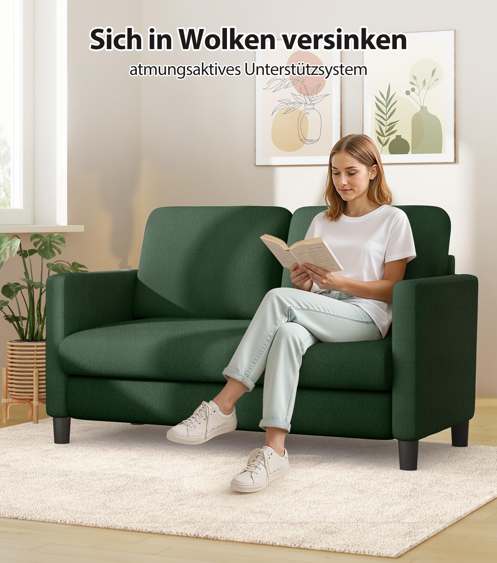 Domusensus 2 Sitzer Sofa, 2 Sitzer Kleinsofa, Ganz aus Holz-Couch, Teddy Fleece Zweisitzer-Kleinsofa, Werkzeugfrei 2er Sofa, 2-Sitzer-Sofa, für Wohnzimmer, Schlafzimmer, Büro, Jugendzimmer, Grün