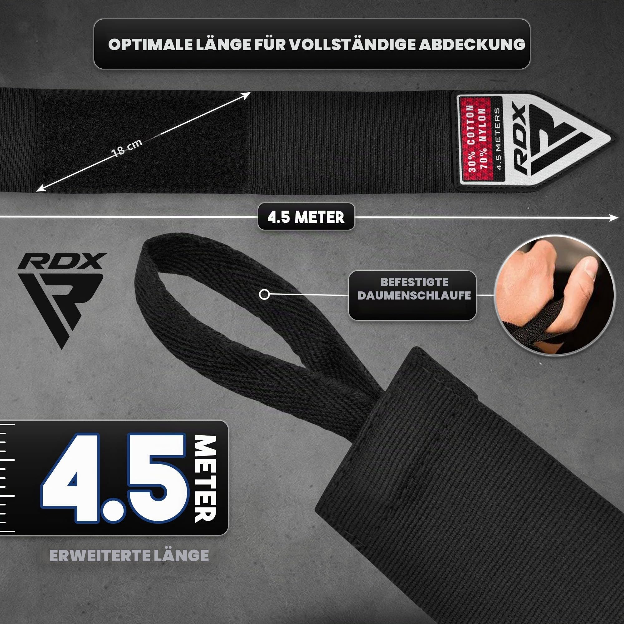 RDX 4.5m Profi Boxbandagen Boxen MMA Muay Thai, Elastisch Handbandagen Mit Daumenschlaufe, Lang Innenhandschuhe Baumwolle, Kickboxen Thaiboxen Boxsack Punchingbälle Training, Hand Wraps Manner Damen
