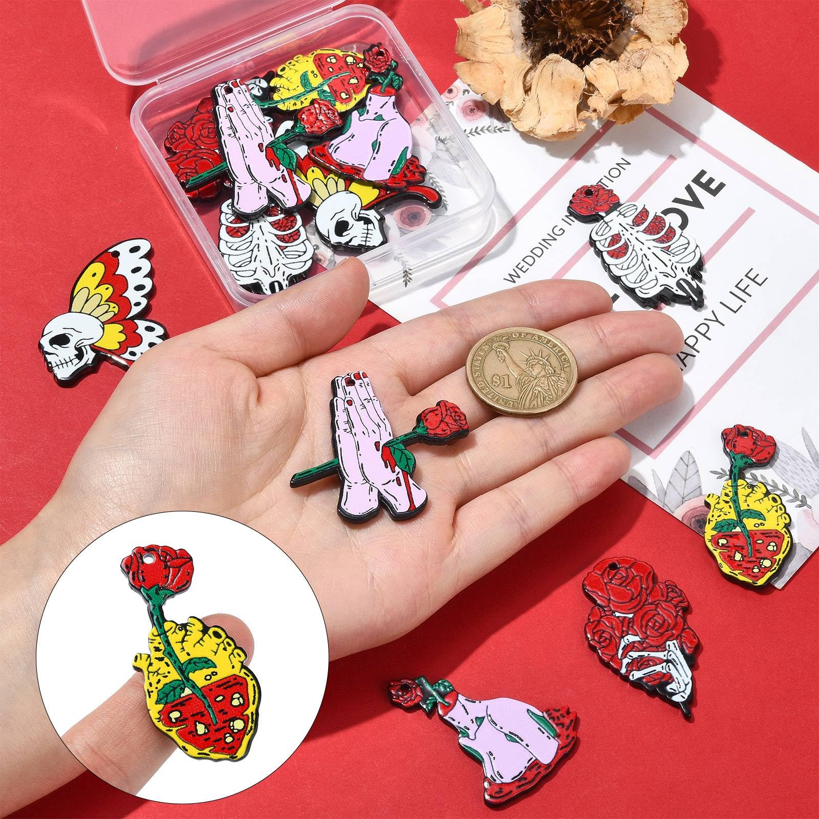 Stiesy 12Pcs 6 Styles Red Gothic Charms Acrylic Skull Rose Heart Flower Pendant Charm Halloween Printed Dangle Charms for Jewellry Making Bracelet Crafting - Image 3