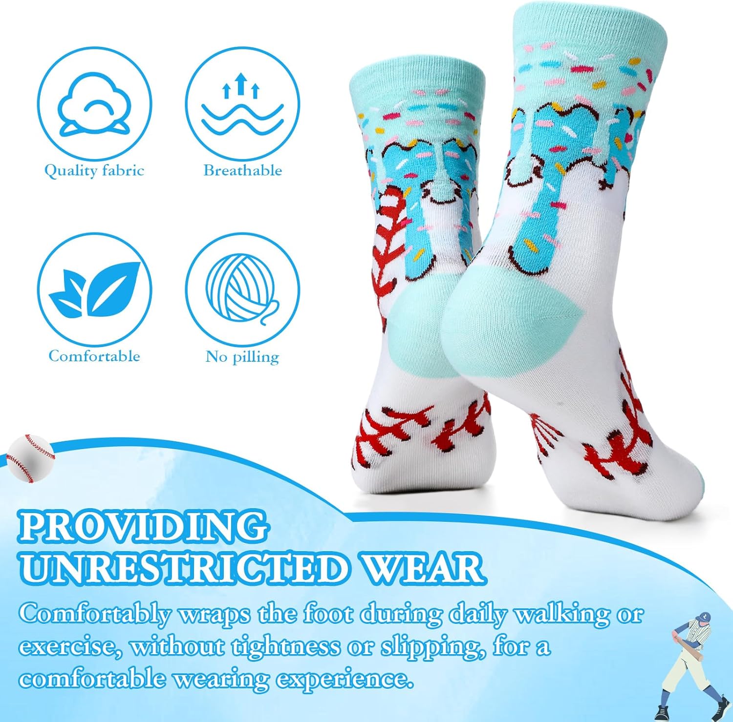 12 Pairs Ice Cream Baseball Socks for Men Novelty Crew Socks Ice Cream Drip Gifts for Baseball Lovers Sport Teams - Image 4