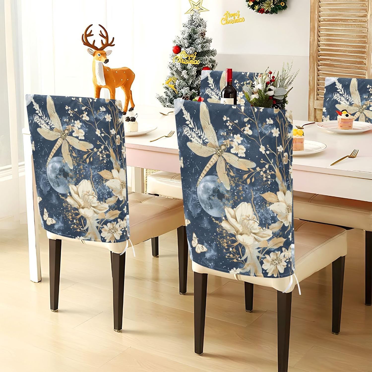 ALAZA Dragonfly Flowers Moon Butterfly Chair Back Cover Set of 6, Washable Reusable Removable Chair Slipcovers Decorative Chair Cover for Home Kitchen Wedding Party