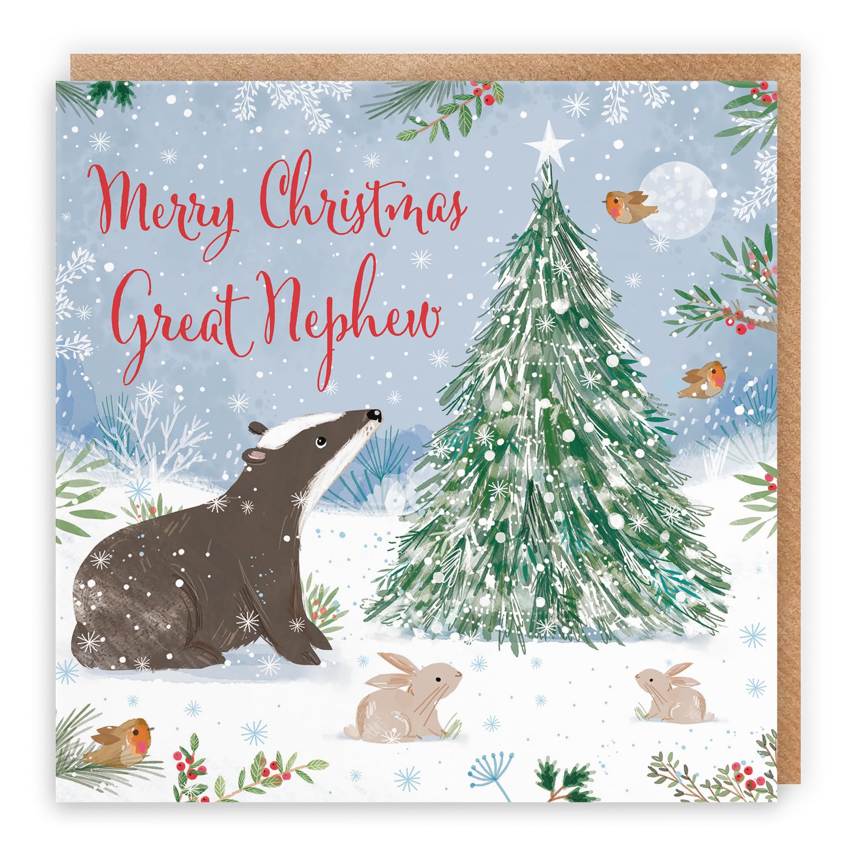 Hunts England, Badger Great Nephew Christmas Card, Nature's Treasures, Happy Animal Wildlife Cute Fun Merry Xmas Card, Snow