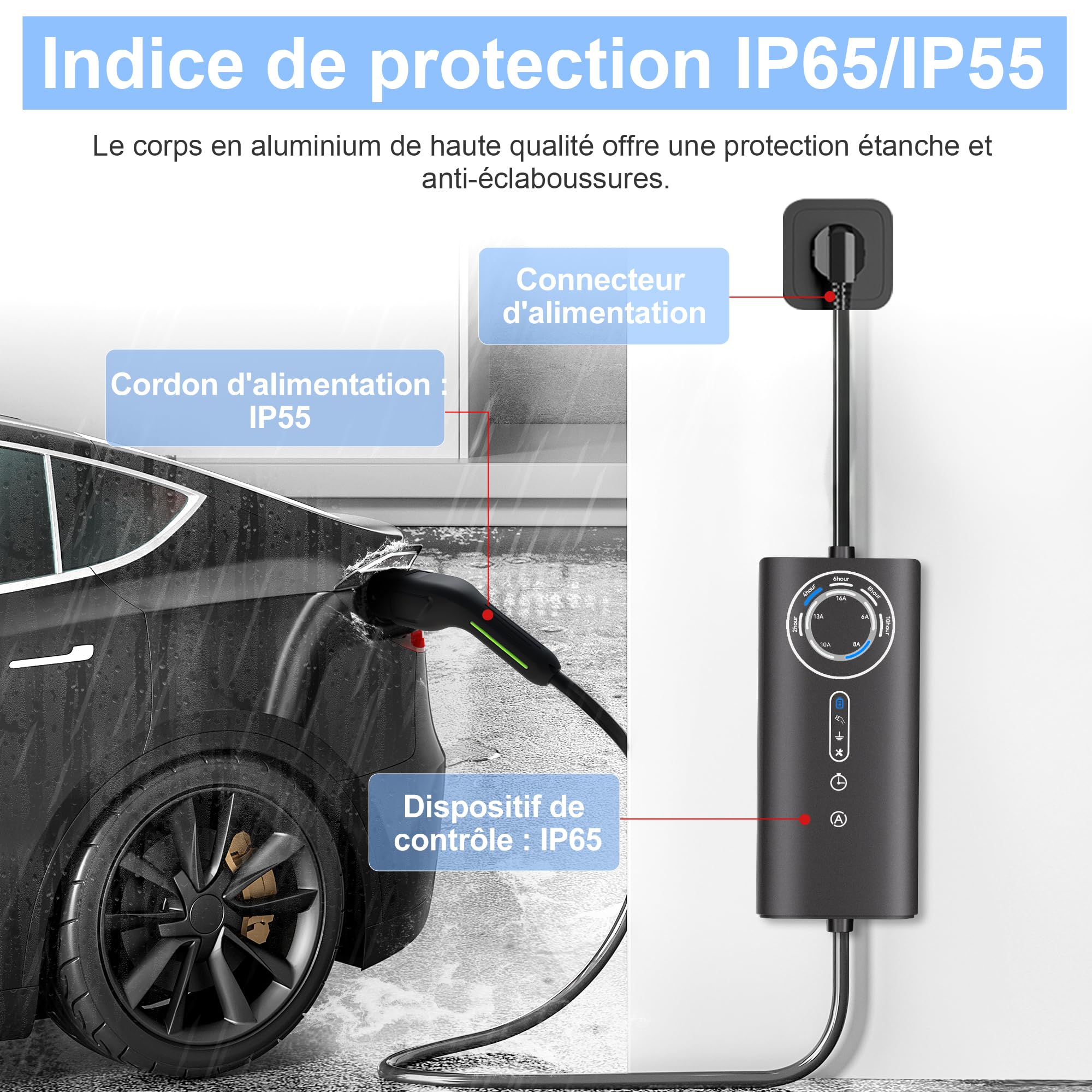 AWESAFE Chargeur Voiture Electrique [ 3,68 KW, 16A, 6m ] Courant Réglable 6-8-10-13-16A Prise Schuko avec Sac/Câble de Charge Type 2, Compatible avec E-208, Zoe, Spring, 500e, Model 3&Y et Autres BEV/